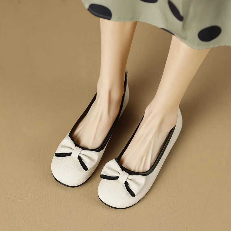 2023 Summer Soft Leather Bowknot Shallow Mouth Single Shoe Women's New Flat Bottom Large Grandma's Shoe Woman Designer Shoes