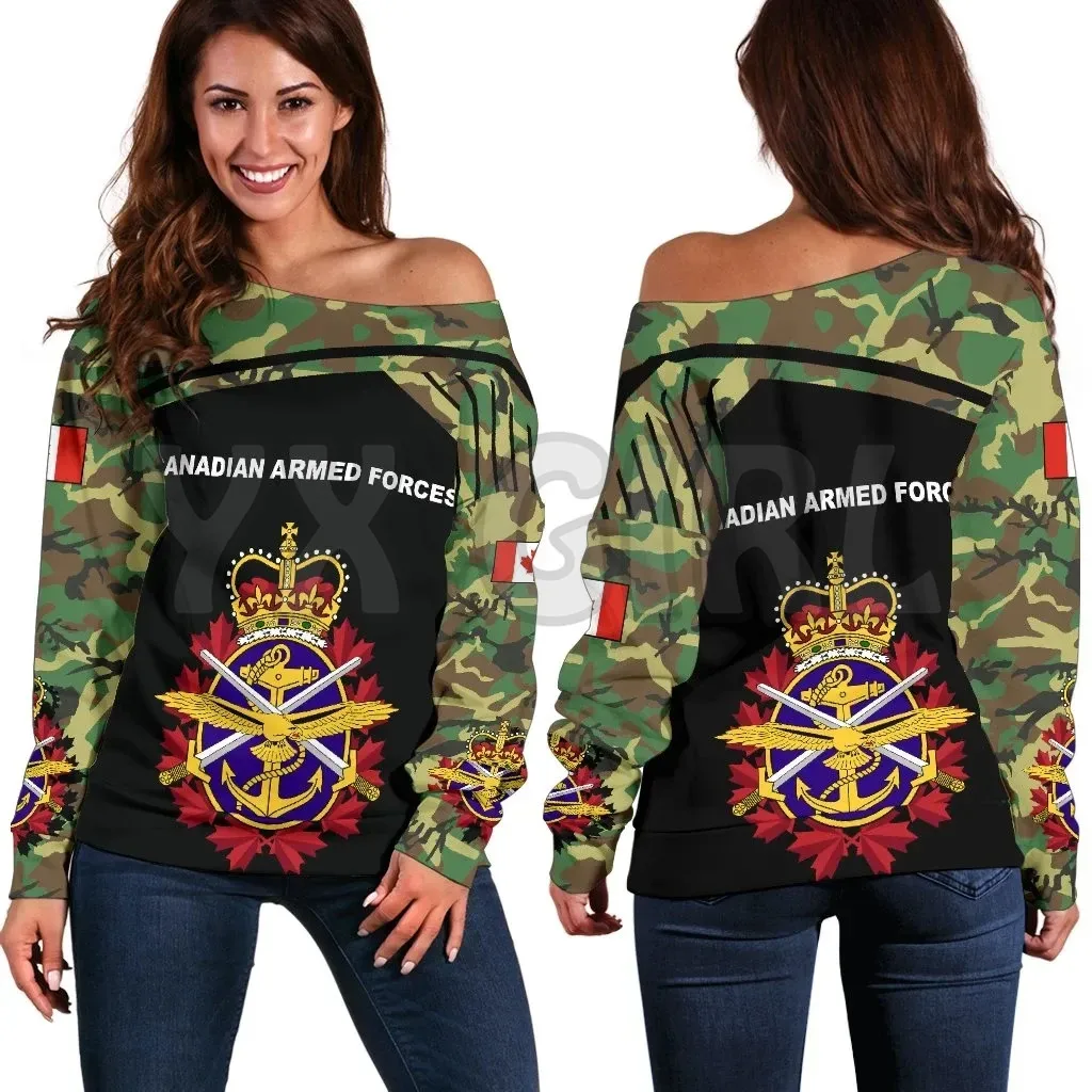 YX GIRL Canadian Armed Forces Off Shoulder Sweater Flag 3D Printed Novelty Women Casual Long Sleeve Sweater Pullover