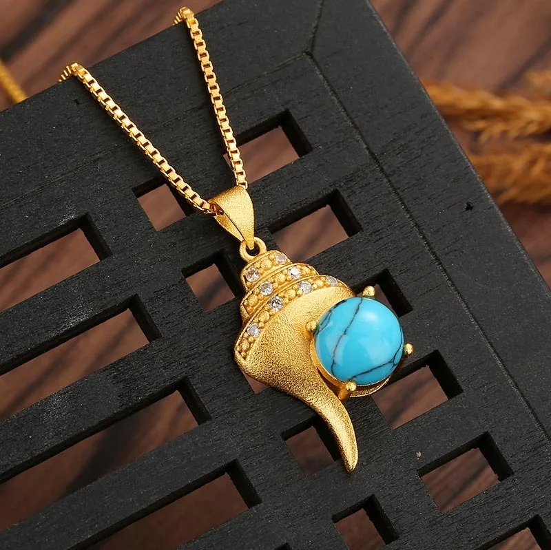 

Модный кулон из 100% натурального золота 18k с бирюзой, кулон в виде ракушки цвета синего океана с резьбой для подруги на День святого Валентина