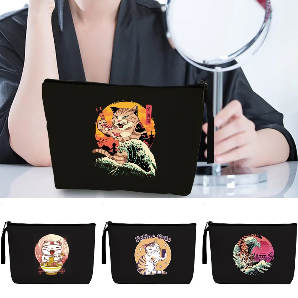 

Fashion Ladies Storage Make Up Cases Black Japan Cat Print Cosmetic Bags Ladies Outdoor Travel Zipper Wash Beauty Pouch