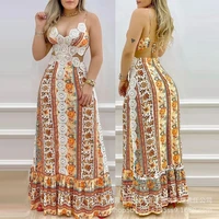 2022 spring and summer new womens dresses suspenders lace stitching printed long skirts