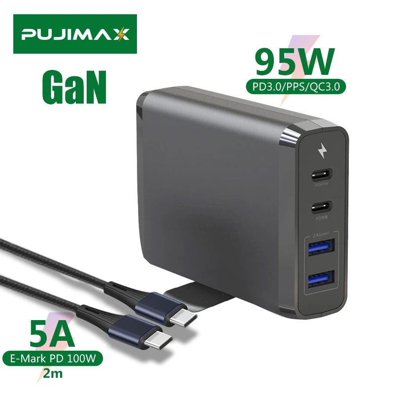 

PUJIMAX 4 Ports 95W Type C Charger PD QC 3.0 Quick Charging Adapter EU US UK Plug With 2 m 100W Cable For Laptop Samsung Tablet