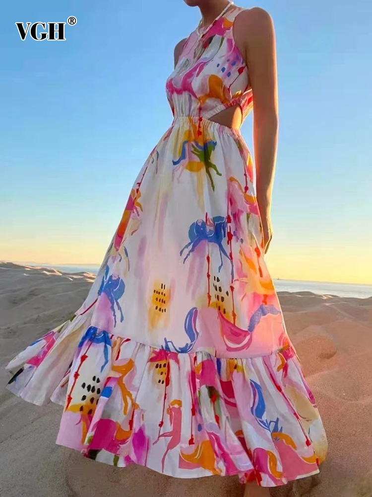 

VGH Colorblock Print Dress For Women Halter Sleeveless High Waist Midi A Line Dresses Female 2022 Summer Fashion Clothing Style