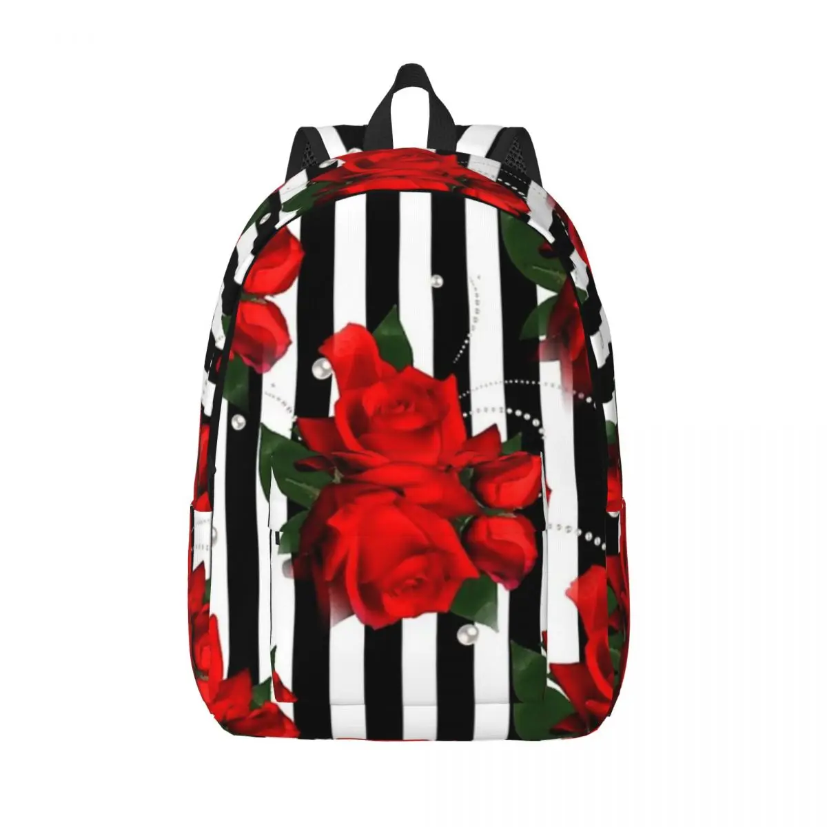 

Red Roses On Black And White Stripe Woman Small Backpack Bookbag Shoulder Bag Portability Laptop Rucksack Students School Bags