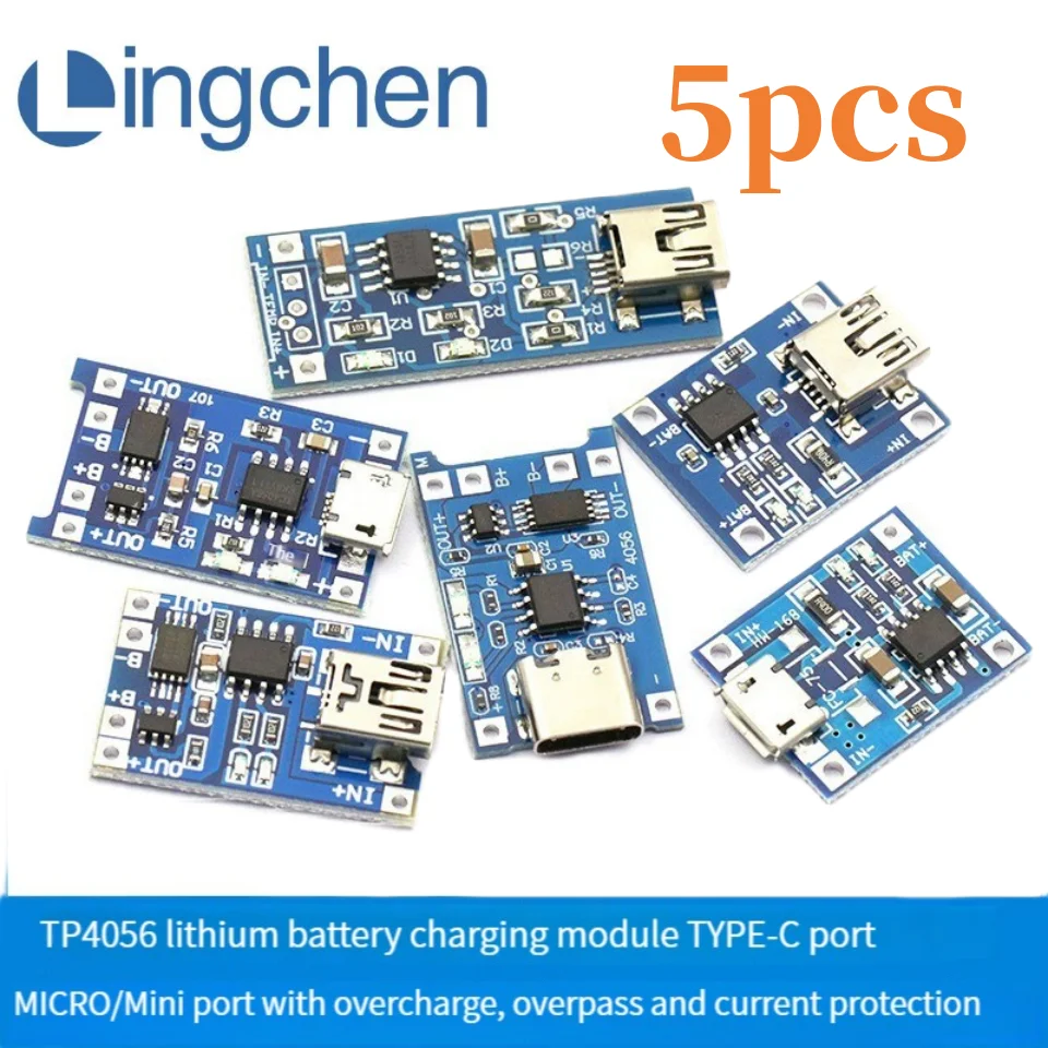 

5pcs/New TP4056 1A lithium battery charging board module TYPE-C USB interface charge discharge protection two in one mini DIY