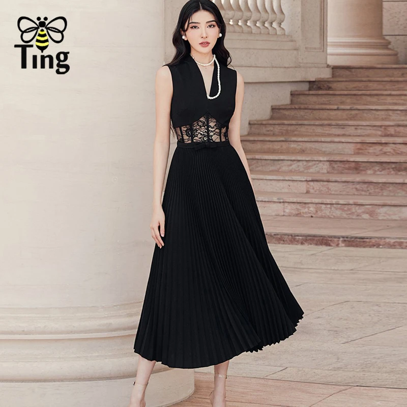 Дизайнерские модные черные плиссированные вечерние платья миди без рукавов