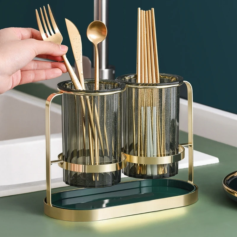 

Multifunctional Double Chopsticks Holder Kitchen Countertop Draining Rack with Tray Visible Spoon Fork Storge Shelf 87HA