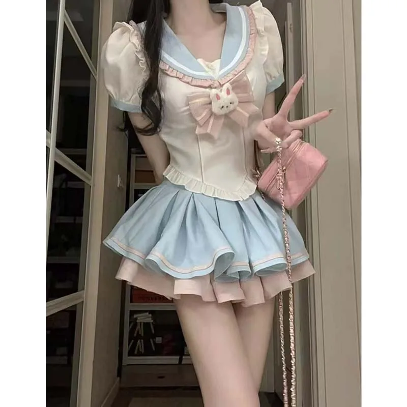 

Женский комплект из 2 предметов Kawaii Y2K, милые Сексуальные облегающие рубашки, топы с матросским воротником, мини-юбка-пачка, элегантные наряды в стиле "Лолита", Новинка лета 2023