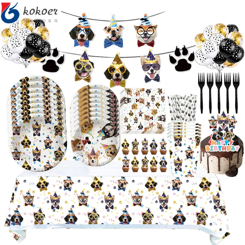 

Pets Dog Theme Disposable Tableware Set Birthday Party Decorations Holiday Paper Cup Plate Banner tablecolth straw ballonsShower
