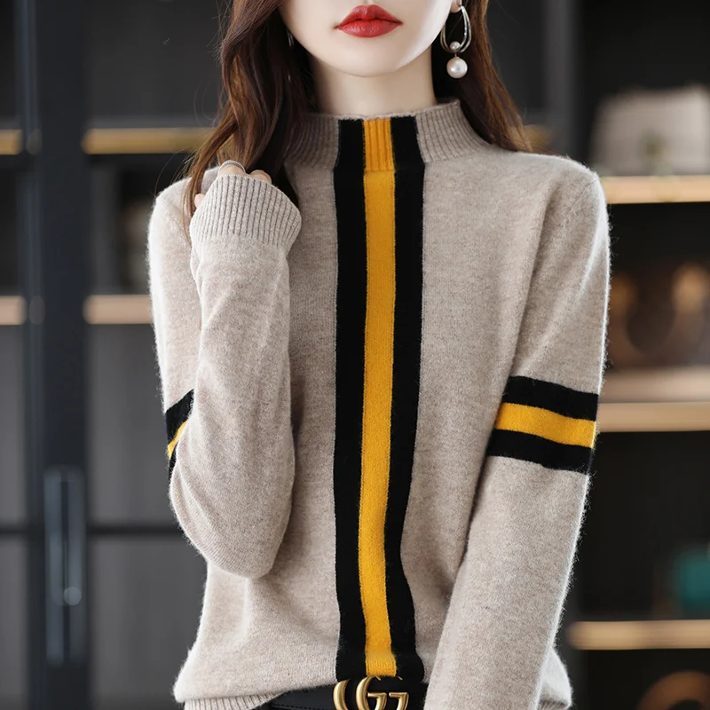

100% Merino Wool Sweater Women's Clothing Half Turtleneck Pullover Autumn Winter Fashion Casual Knit Colorblock Basement Jacket