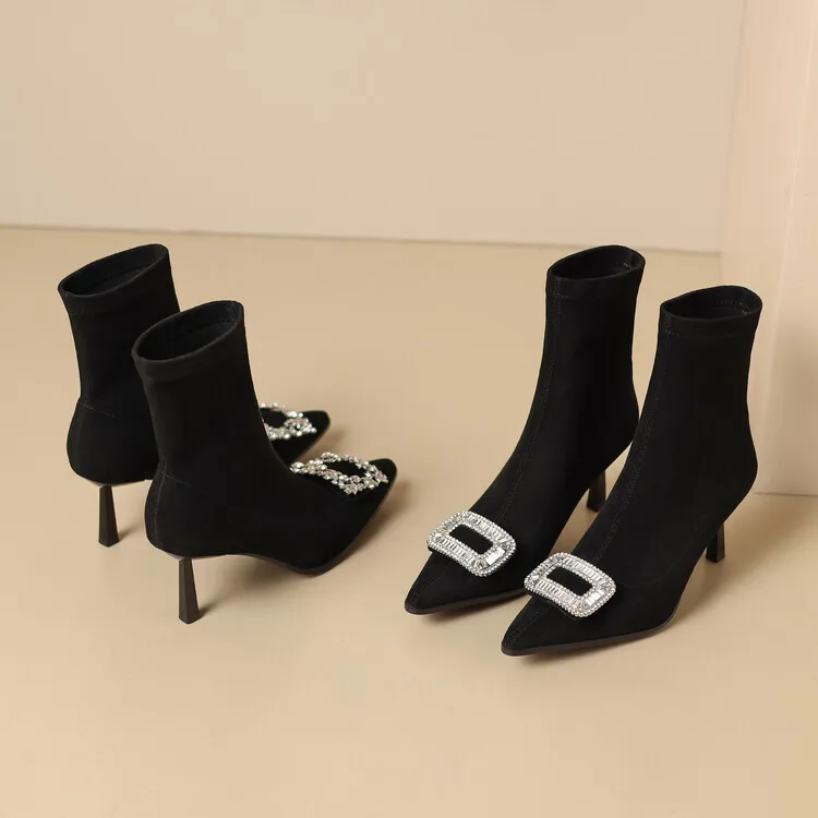 

Black Elastic Suede Women Short Boots Pointed Toe Autumn Sock Botas Crystal Buckle Thin High Heels Prom Party Stilettos Botines