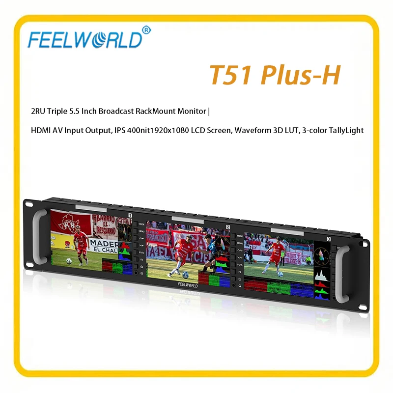 Фото FEELWORLD T51 Plus-H Тройной 5,5-дюймовый 2RU монитор для трансляций, многофункциональный видеомонитор, с функцией помощи в фокусировке. №1