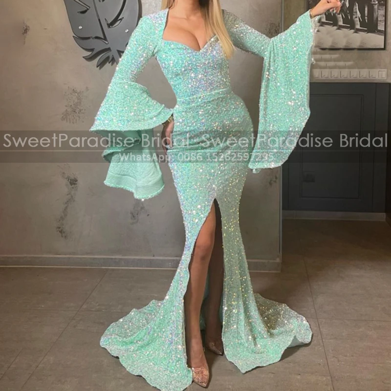 

Вечерние платья с блестками и квадратным вырезом, платье-футляр с Боковым Разрезом и длинными рукавами «Бишоп» для женщин