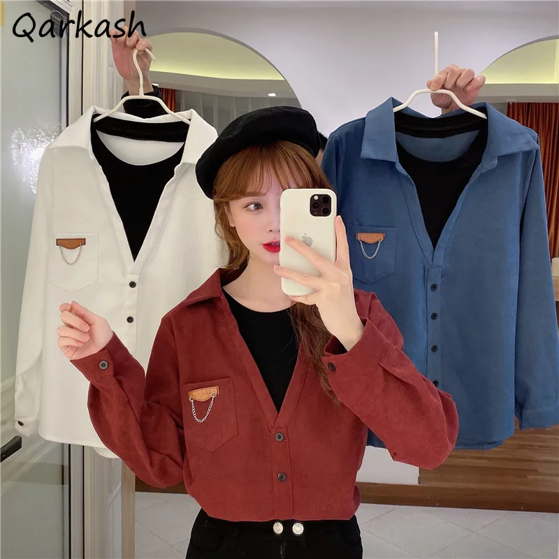 

Blouses Women Patchwork Fake Two Pieces Design Spring Loose All-match Korean Style Leisure Tops Chic Cozy Popular Clothing Mujer