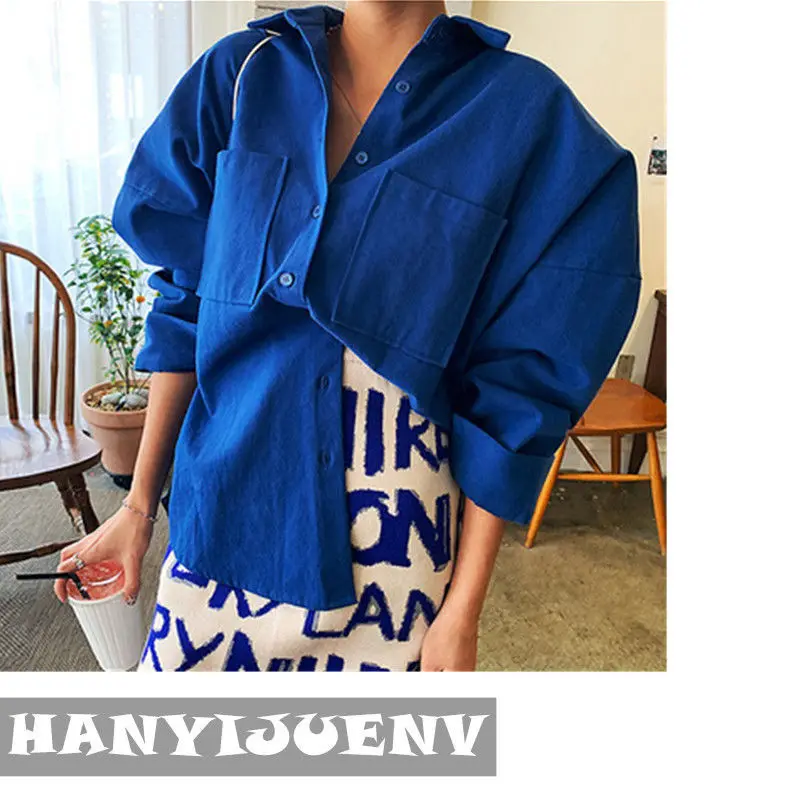 

2021 New Spring Double Pockets Turn-down Collar Cotton Women's Blouse Casual Loose Female Blouse Tops Workwear Shirts