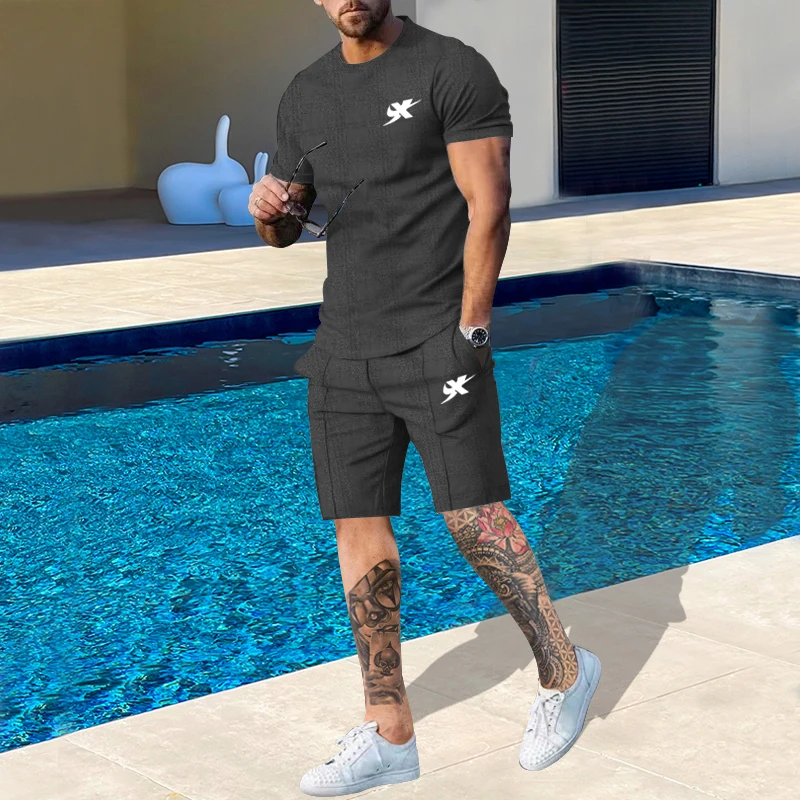 

New Summer Round Neck Slim Fashion Casual Men's T-Shirt Set Men's High Quality Sports Brand Two-Piece Set