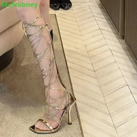 2022 sexy cross tied calf sandalias thin high heel zipper square toe narrow band solid shallow fashion summer shoes for women