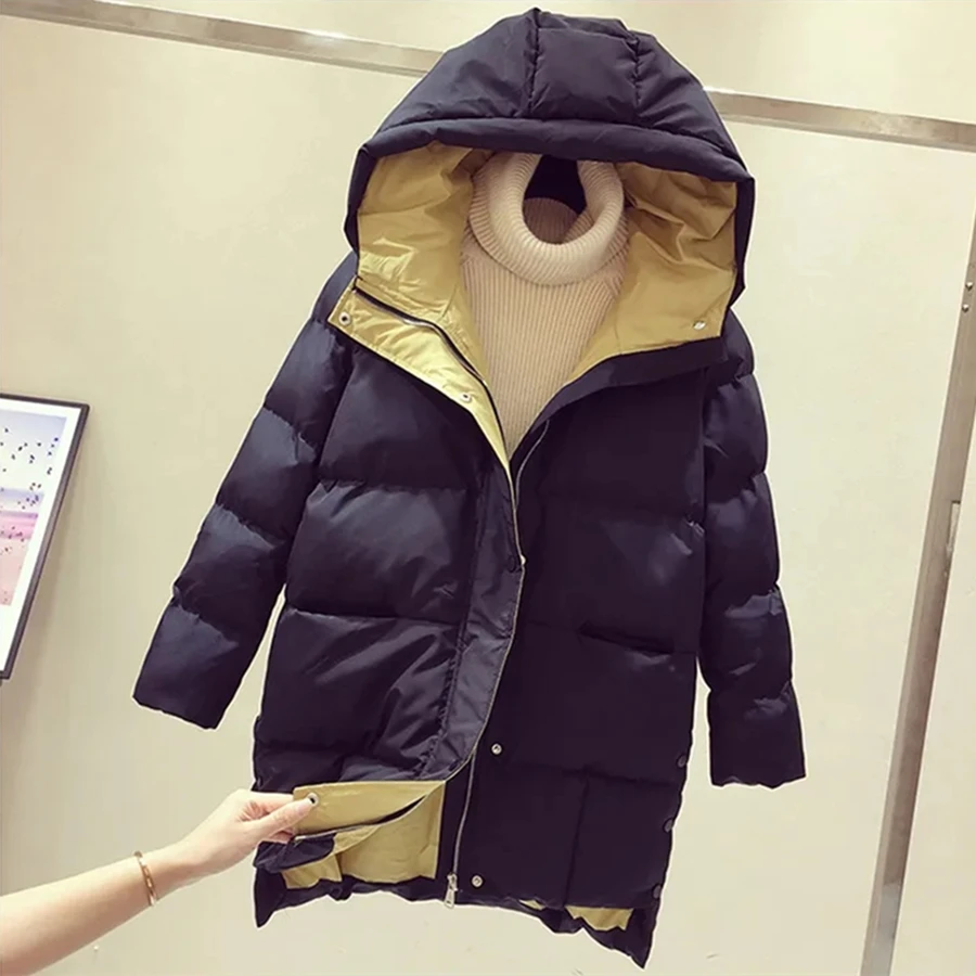 Mid-length Winter Hooded Cotton Padded Coat Women Warm Thick Loose Bread Overcoat Parka Snow Wear Outwear Top Windbreaker Jacket