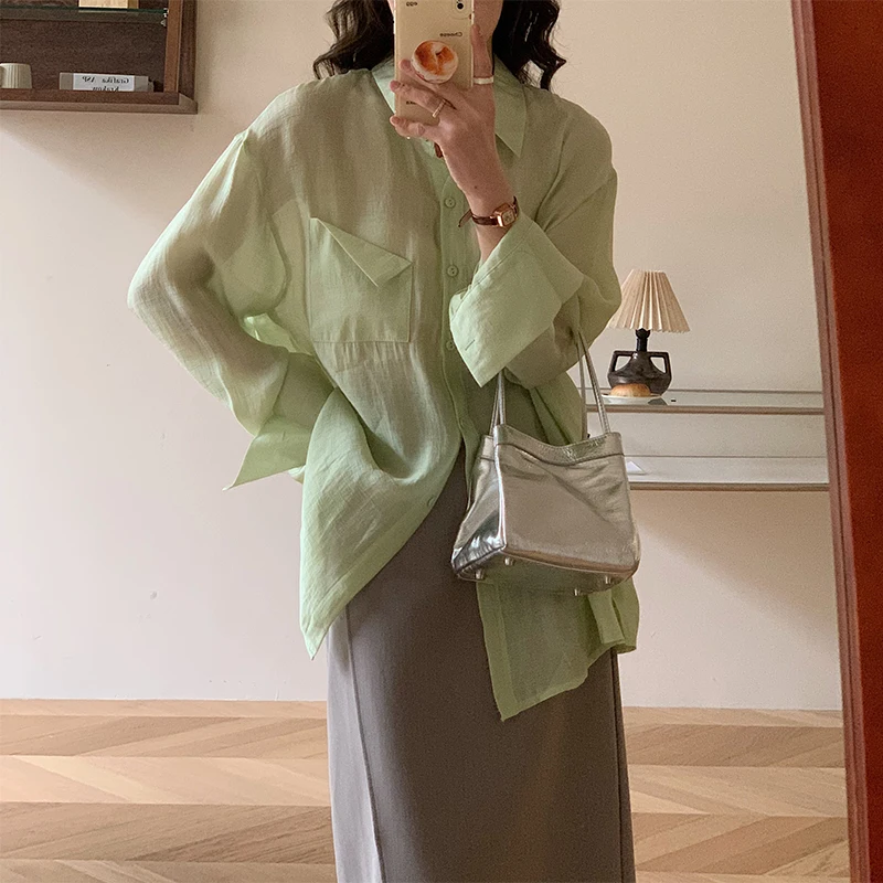 

Green Thin Shirt Women's French Retro Sunscreen Blouse Top