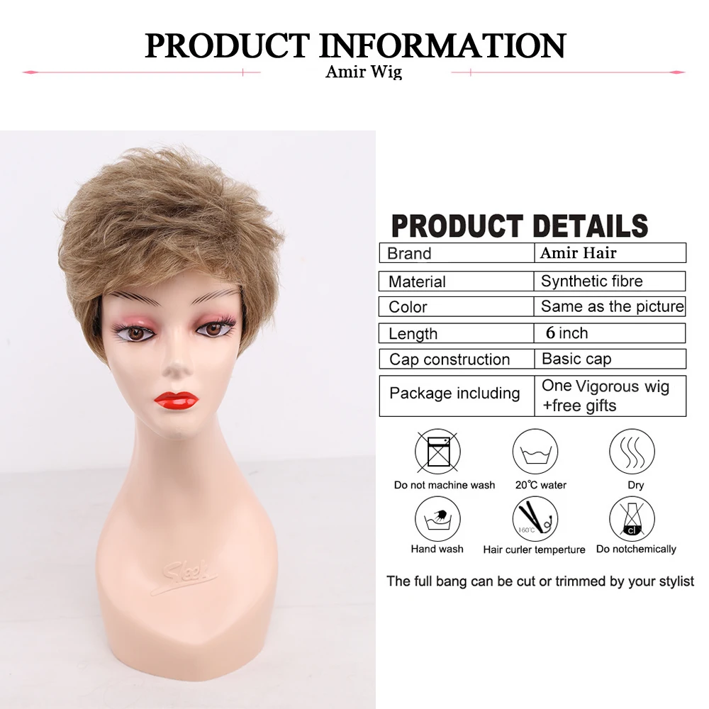 Amir Short Blonde Synthetic Wigs For Women Pixie Hair Cut Puffy Natural Staight Wig Free Side Part Bangs Cosplay | Шиньоны и парики