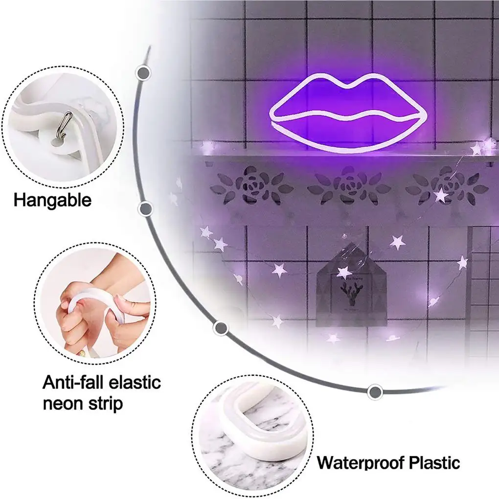 

Неоновая подсветка в форме губ, бытовые украшения, розовая подсветка, светящиеся украшения с питанием от батареи USB, настенные украшения, украшение для комнаты