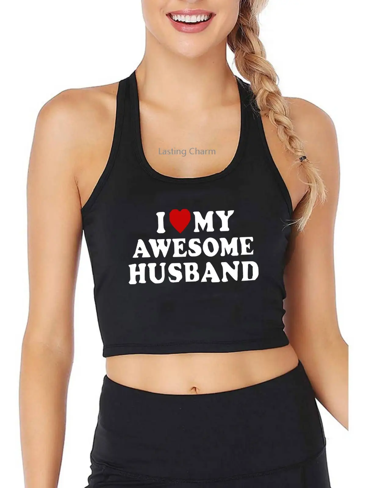 

I Love Awesome Husband Pattern Tank Top Women's Humor Fun Flirt Print Yoga Sports Workout Crop Top Gym Tops