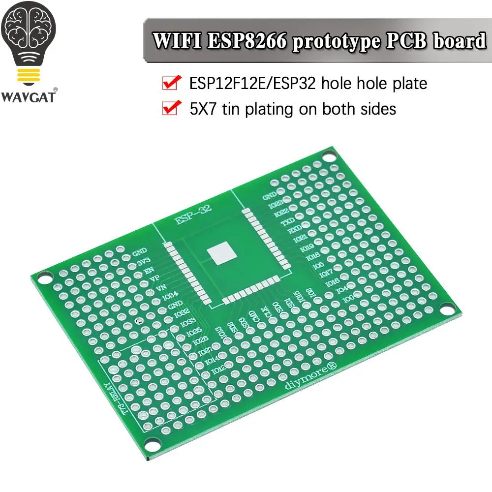 WAVGAT 5x7CM Double Side Prototype PCB Board Breadboard Protoshield For Arduino Relay ESP8266 WIFI ESP-12F ESP-12E ESP32 ESP32S