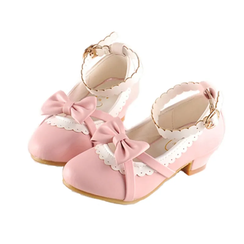 

Princess Girl Heel Shoes Bow Lace Pink Girl Wedding Shoe Leather Children Cinderella Shoes