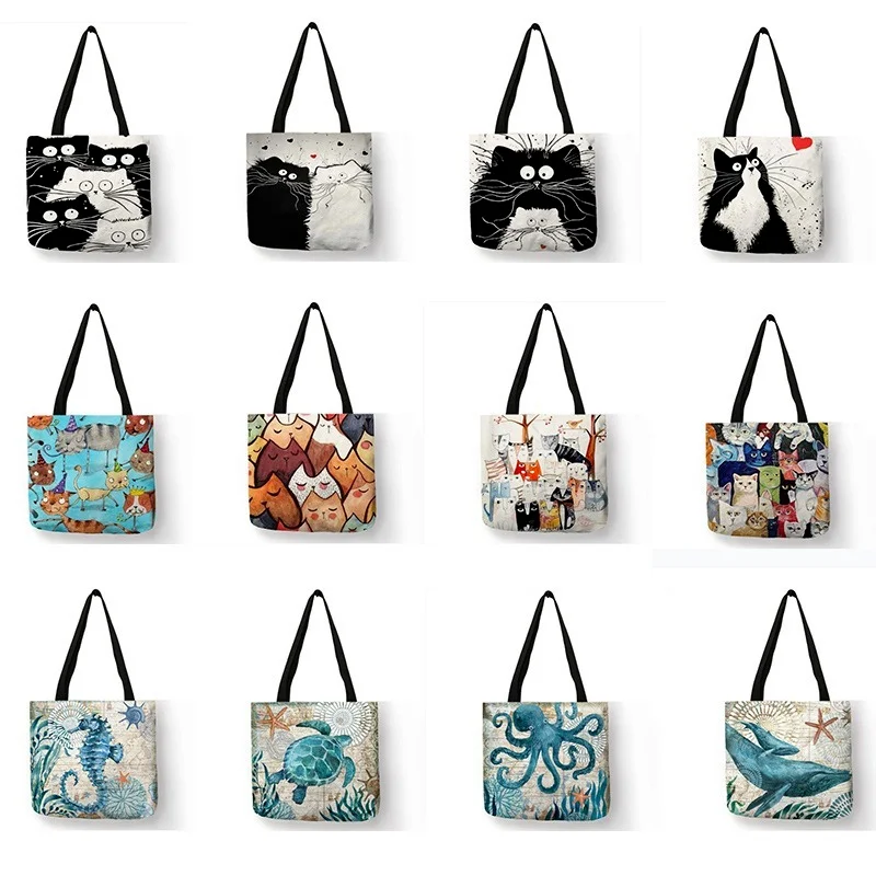 

Customized Tote Shopping Bag Cute Cat Printing Women Handbag Linen Totes with Print Logo Casual Traveling Beach Bags