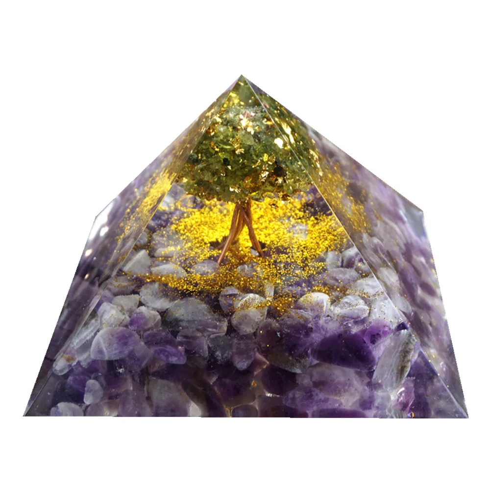 

9.5CM Large Tree of Life Orgone Pyramid Peridot Amethyst Crystal Energy Healing Chakra Reiki Orgonite Pyramide EMF Protection