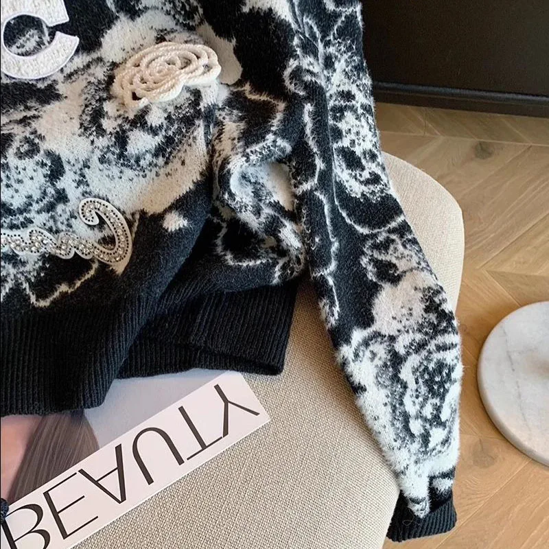 Винтажный женский свитер с цветочным принтом пуловеры свободный трикотажный