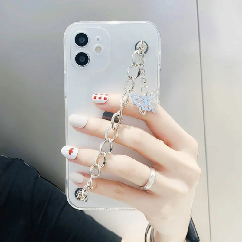 

Чехол для телефона moskado с цепочкой-бабочкой для iPhone 12 11 7 8 7Plus X XR XS Max SE 2020, мягкий модный прозрачный защитный чехол с браслетом