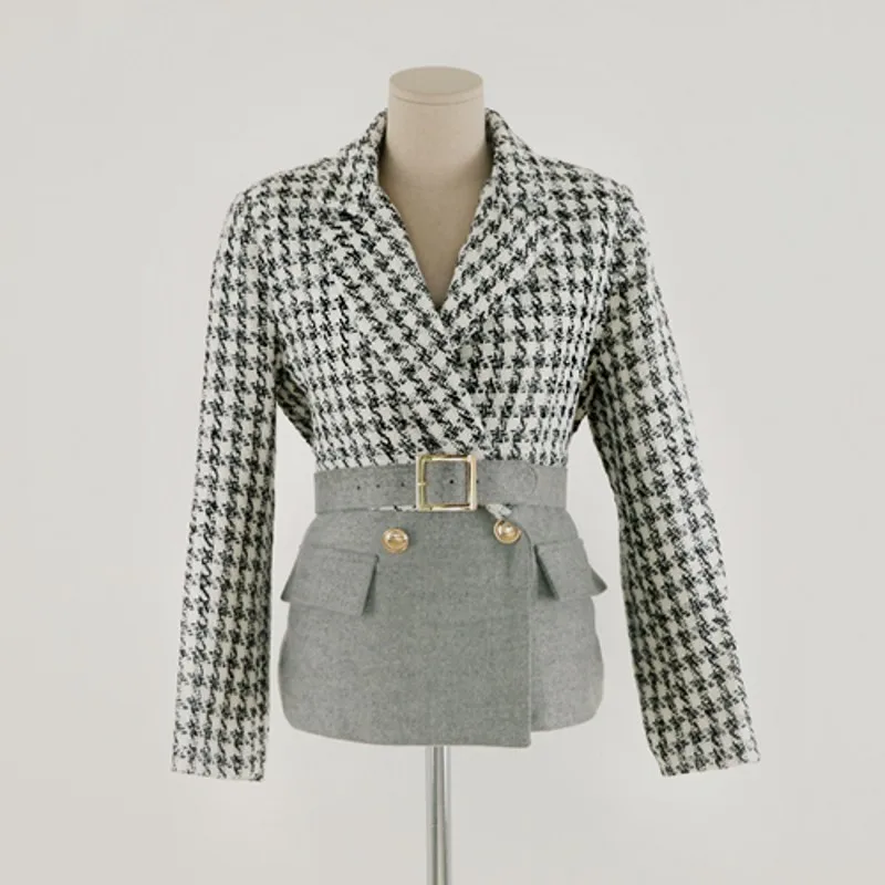 

Runway Korean Women's Luxury Chic Tweed Houndstooth Small Fragrance Suit Collar Splicing Coat Jacket With Belt Casaco Outwear