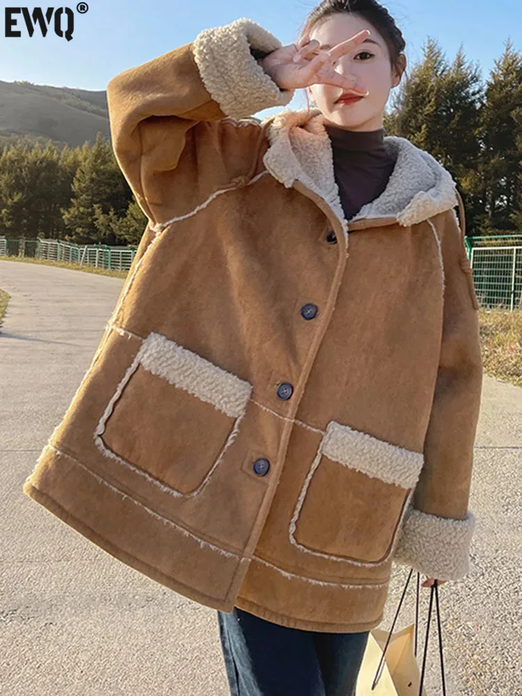

[EWQ] Single Breasted Deerskin Fleece Lamb Wool Coat Women's 2023 Winter Autumn Wear Hooded Thicken Warm Coat Jackets 16U6418