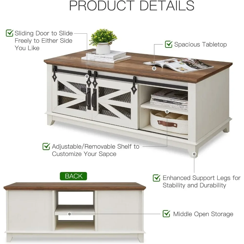 48-дюймовый журнальный столик с откидными дверями для хранения и раздвижными