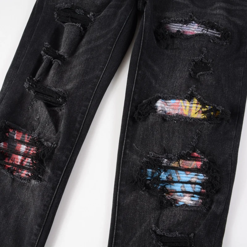 Fashion Streetwear Men Jeans Retro Black Gray Stretch Slim Fit Hole Ripped Jeans Men Patched Designer Hip Hop Brand Pants Hombre