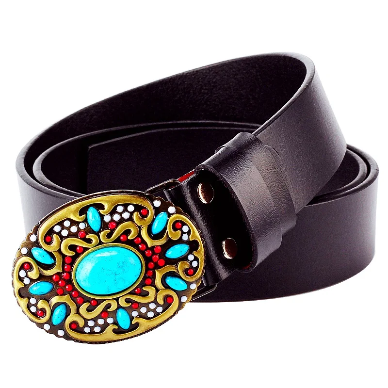 Fashion Women Belt Big Turquoise Setting Gems Genuine Cowskin Leather Lady's Jean Belts Accessories Free Shipping