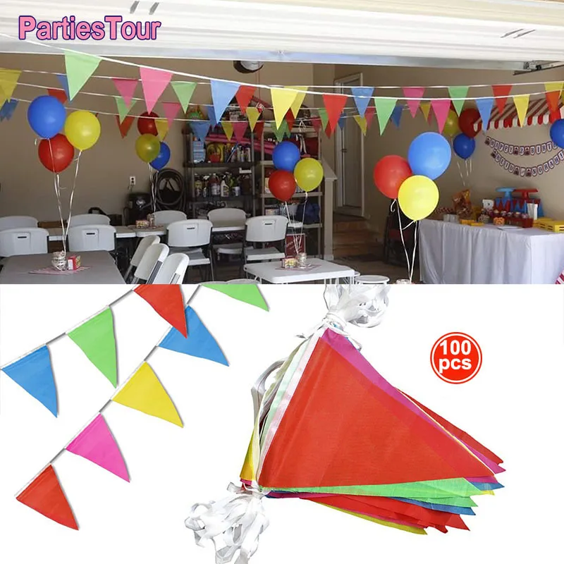 

100pcs Colorful Flags 50/100 Meters Handmade Fabric Bunting Flags Birthday Wedding Festival Pennant String Banner Buntings Decor