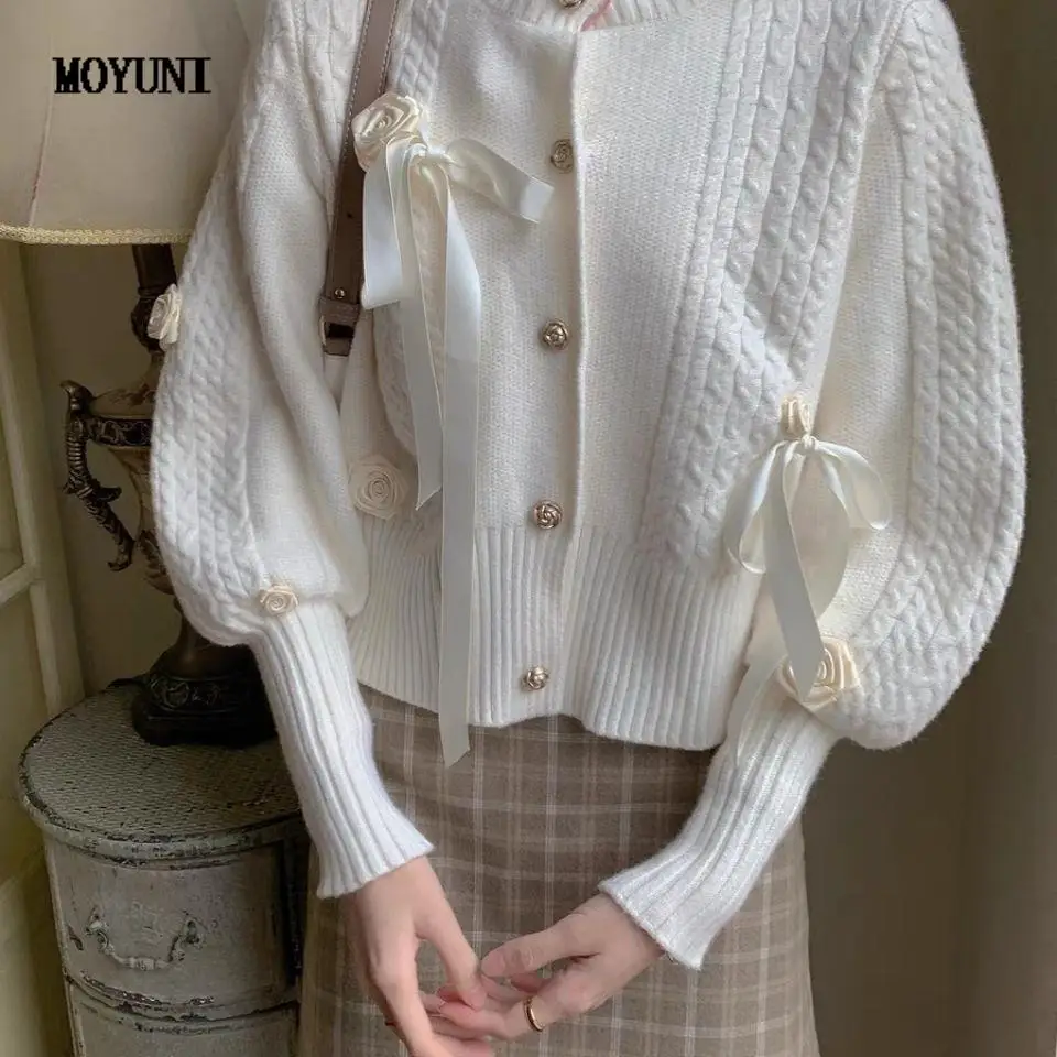 

Autumn Winter Sweet Knitted Sweater Women Bow Patchwork Vintage Sweater Cardigan Female Casual Korean Fashion Sweater Coat 2021