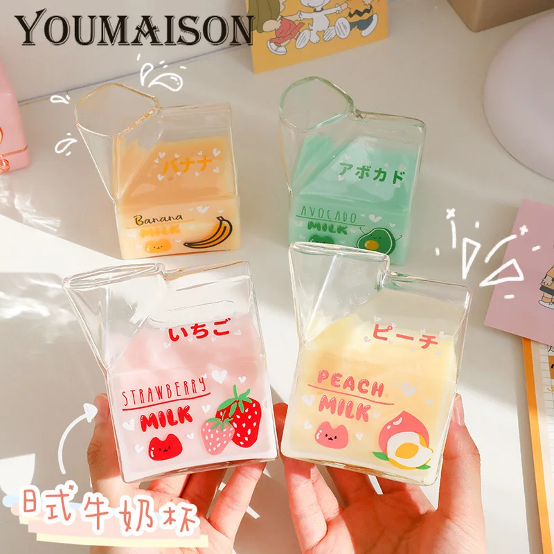Kawaii Square Milk Carton Glass Cute Fruit Creative Breakfast Cup Home Portable Student Transparent Strawberry Milk Cup