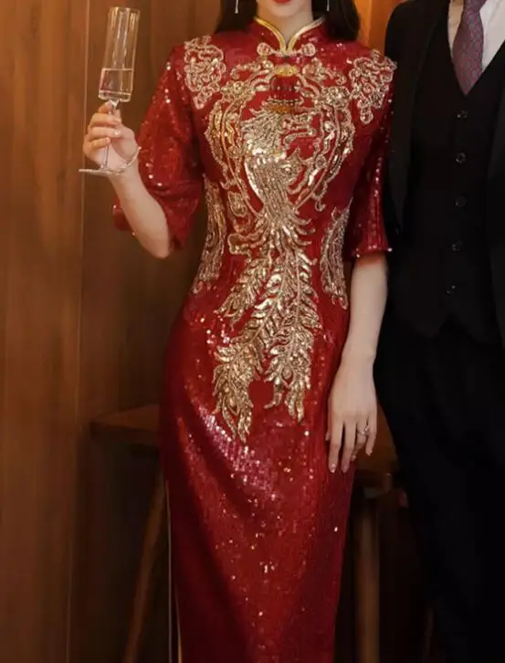 Chinese Wedding Dress Red Sequin Shiny Stage Long Cheongsam Spring New
