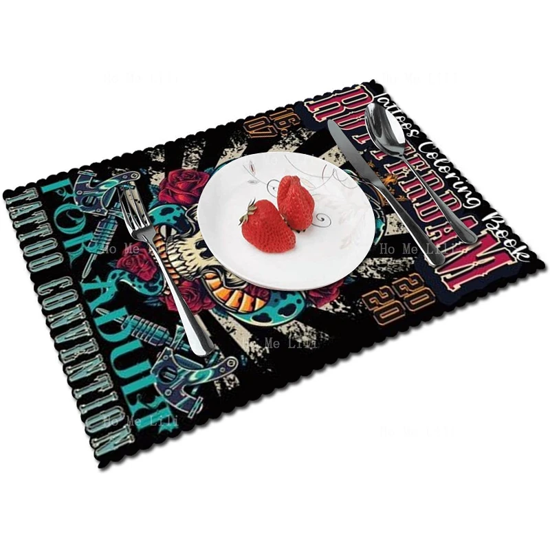 

Vintage Tattoo Festival Colored Snakes Wrapped Around The Skull Placemats For Dining Table