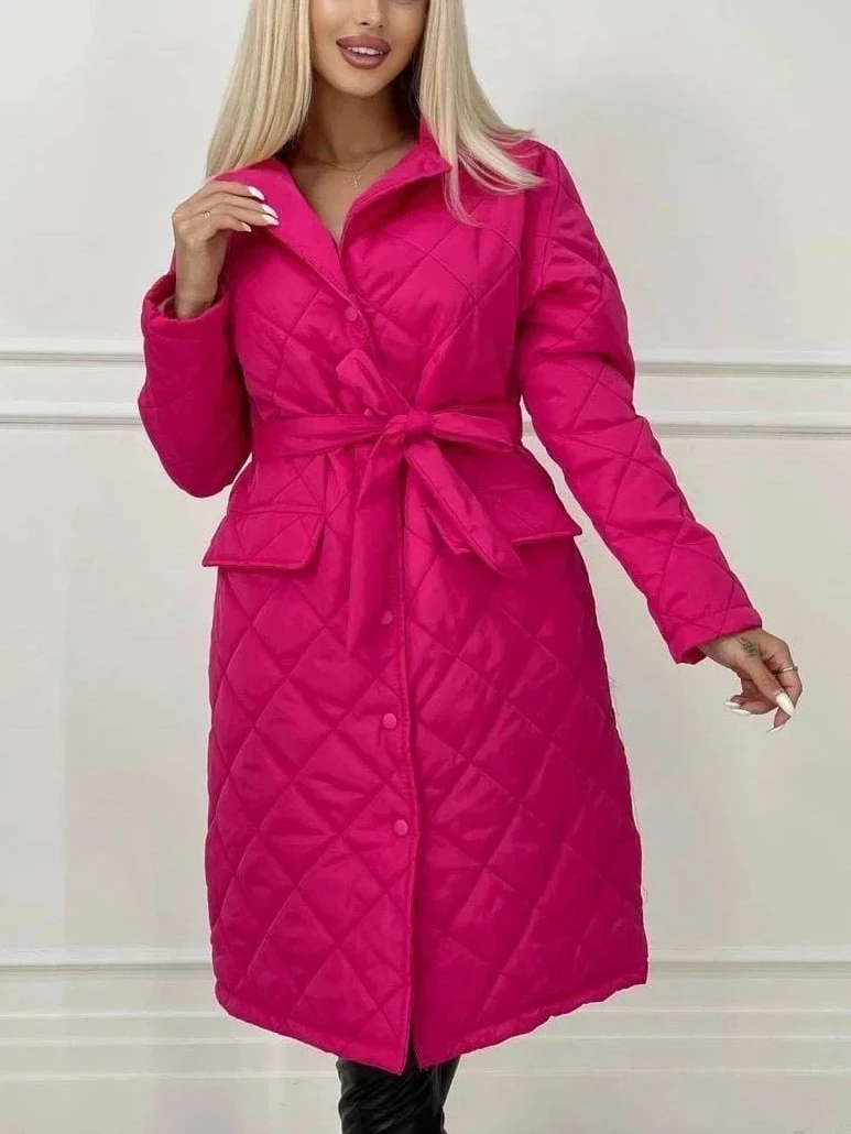 Winter Fashion Single Breasted Black Long Argyle Parkas with Belt 2022 Women's Cotton Padded Coats Ladies Elegant Warm Outerwear