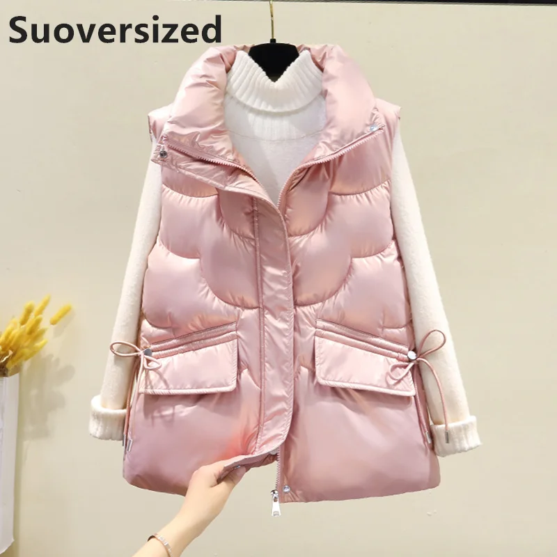 

Winter Glossy Thick Warm Down Cotton Sleeveless Jackets For Women Korean Casual Puffy Waistcoat Baggy Oversized Snowwear Vests