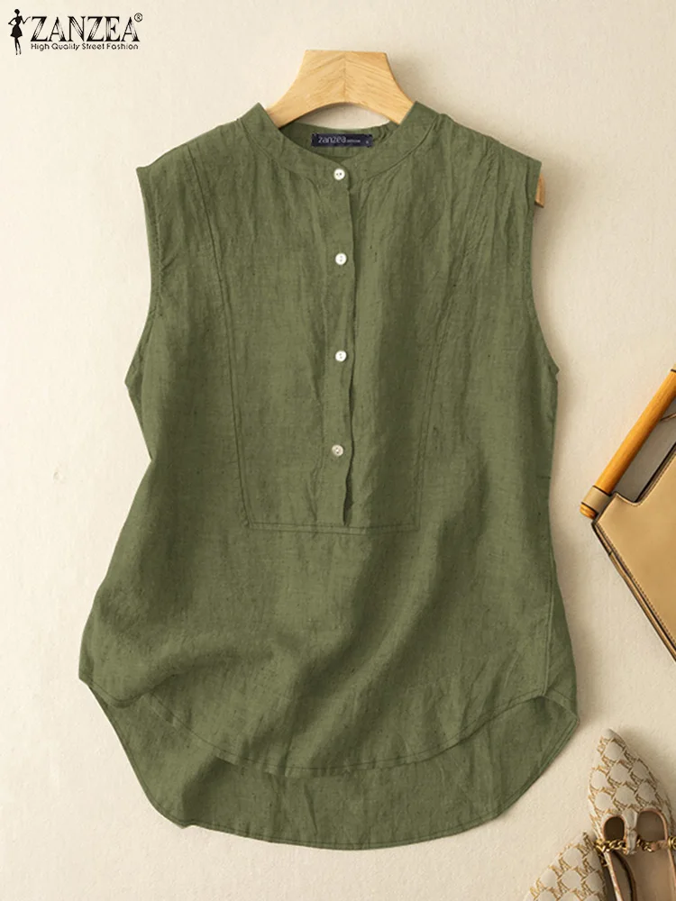 ZANZEA Женская Летняя Однотонная Блузка Без Рукавов Элегантный Дизайн Офисный Топ