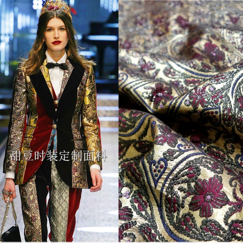 

Gold Wire Brocade Jacquard Fabric Vintage Yarn-dyed Dress Suit Jacket Clothing European Brand Fashion Design Sew Wholesale Cloth