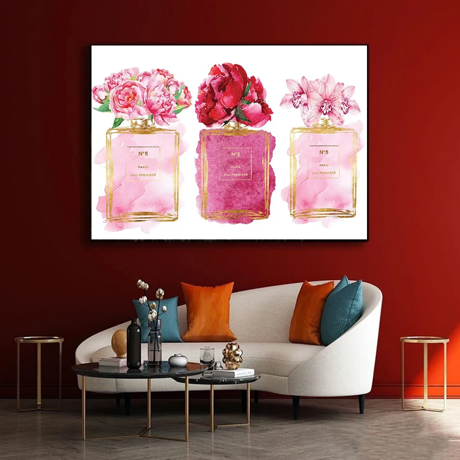 

Luxury Pink Perfume Bottle Canvas Painting Wall Art Home Decor Fashion Paris Flowers Perfume Miss HD Poster and Print Home Decor