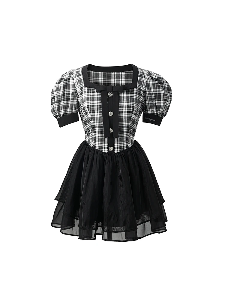 

Women Cake Dresses Bubble Lantern Sleeves Patchwork Party Fashion Sexy Black and White Checkered Gauze Fluffy Skirt