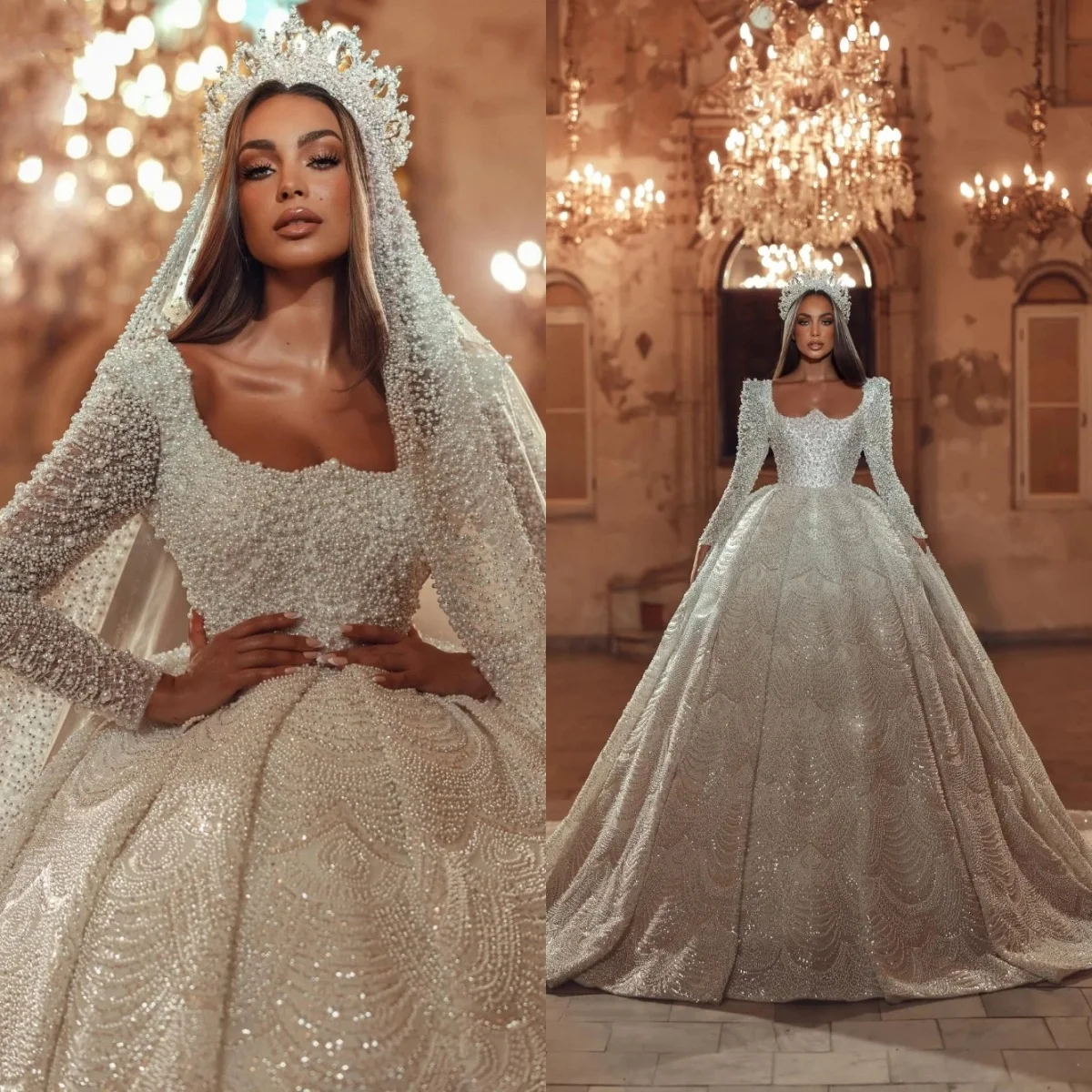 Фото Роскошное свадебное платье с жемчугом, бальное платье, романтическое свадебное платье с длинными рукавами и бисером, со шлейфом, индивидуальное платье de novia №1