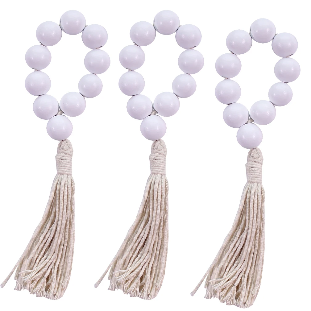 

Set of 10 Napkin Rings Wood Bead Rustic Pearl Napkin Holder with Cotton Tassel for Home Table Parties Wedding Dinner Decorate